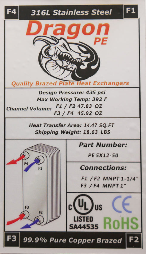 50 Brazed Plate 5"x12" Heat Exchanger 100,000 BTU